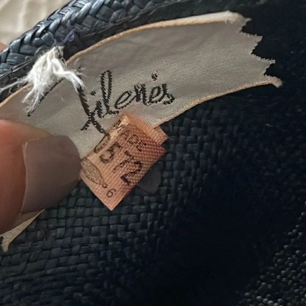 Vintage‎ Filene’s Navy Blue Sun Straw Hat with Satin Paisley Ribbon